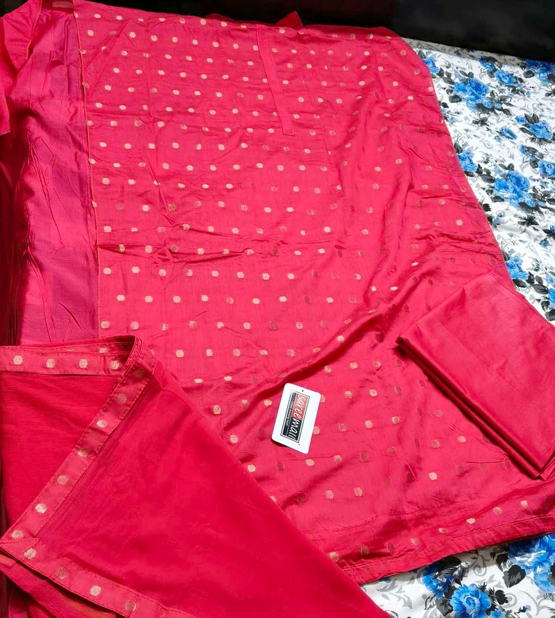 Pink Zari Embroidery Silk Blend Suit Fabric