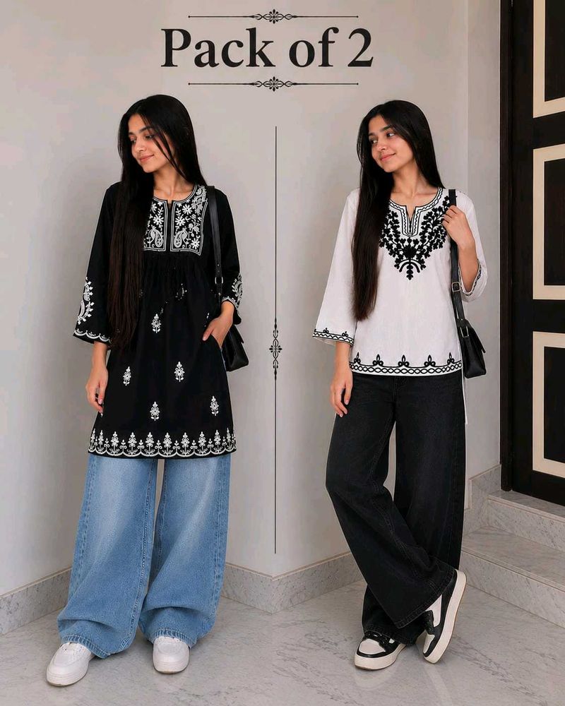 Pack of 2 Black n white Kurta with Embroidery
