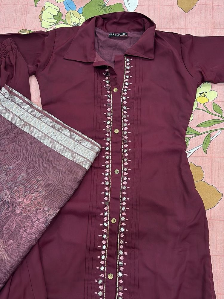 Maroon Embroidered Kurta Set with Dupatta