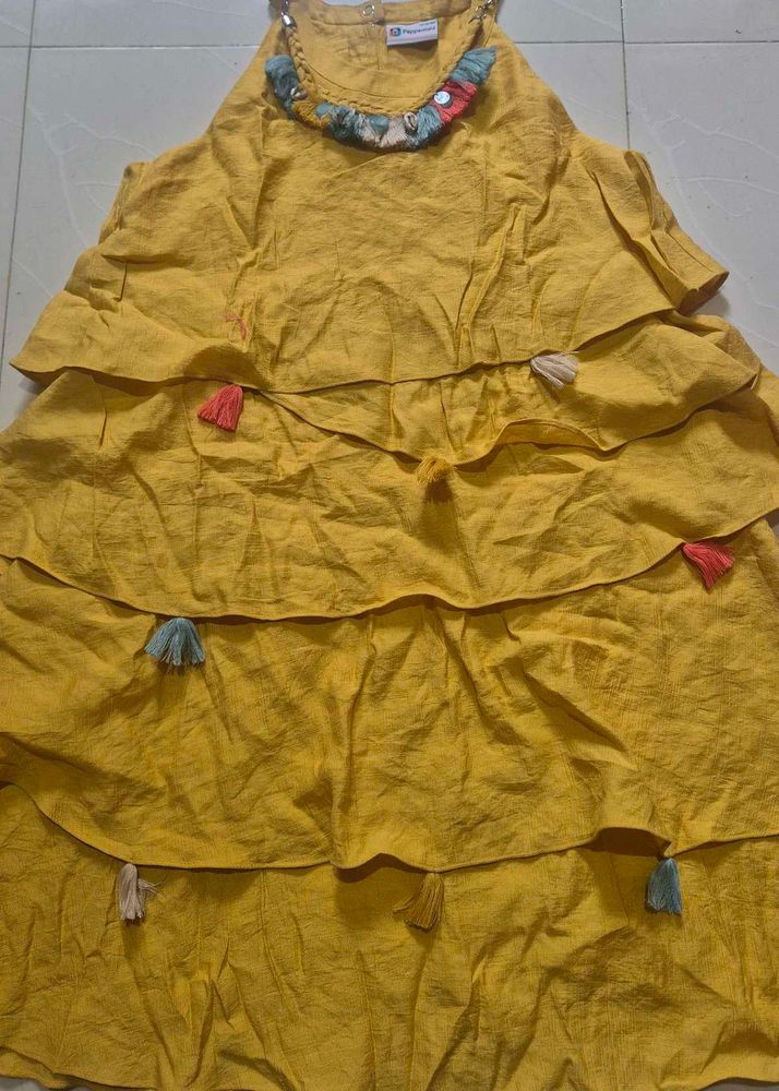 Girls Yellow Tiered Dress with Tassels
