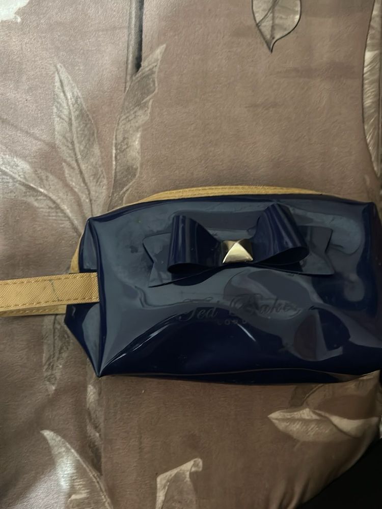 Chic Navy Blue Cosmetic Pouch with Bow Detail
