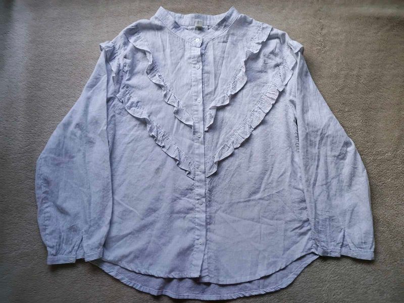 White and Grey Striped Ruffle Blouse