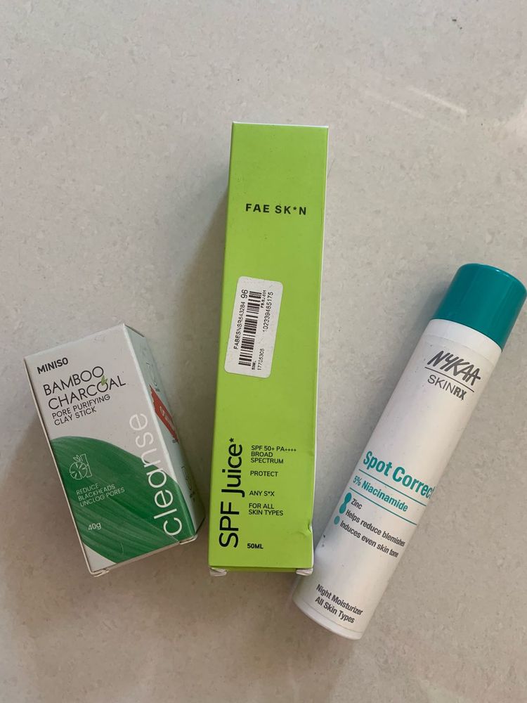 Fae sunscreen, Nykaa spot corrector, Miniso