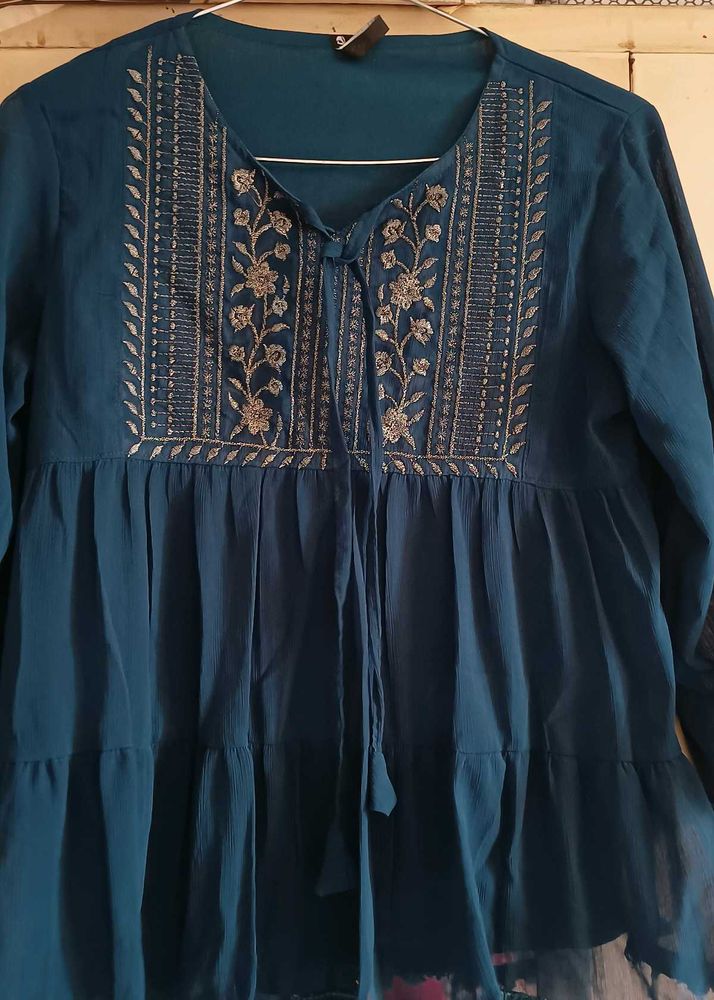 Blue Daily wear Top with lace Border