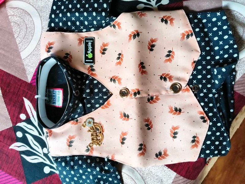 Boys Peach Floral Nehru Jacket Set