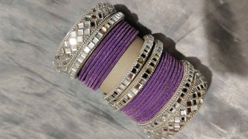 Velvet Purple &amp; Mirror Work Bangles Set