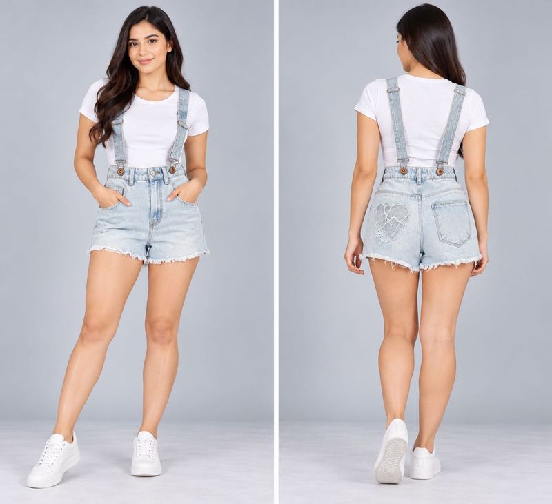 Denim Shortalls with Heart Detail