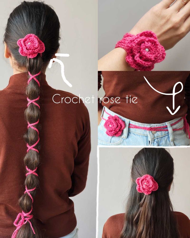 Handmade Crochet Rose Hair Tie Accessory