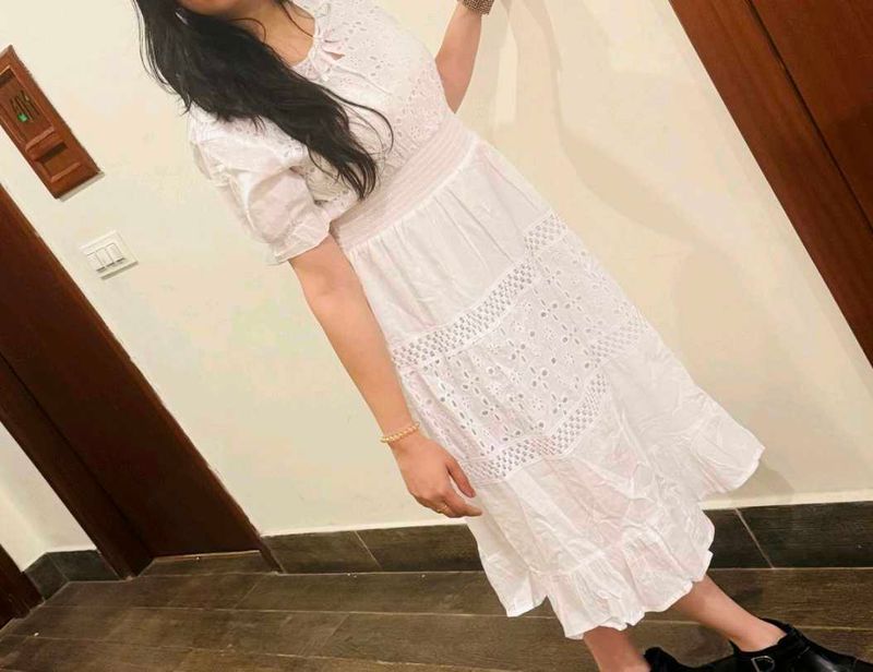 Elegant White Eyelet Midi Dress