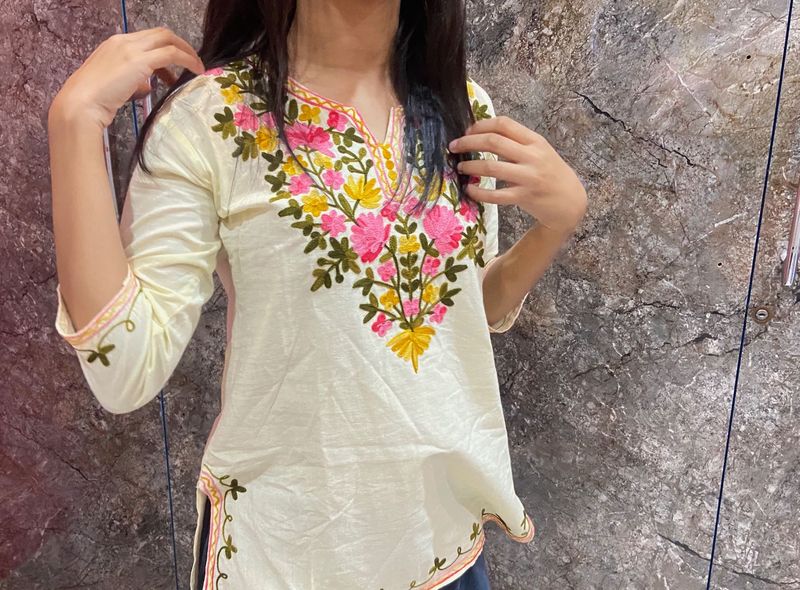 Embroidered Cream Kurti