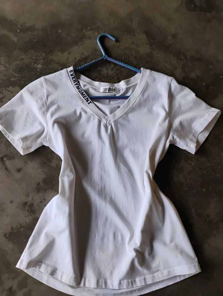 White V-Neck T-Shirt with Text Detail