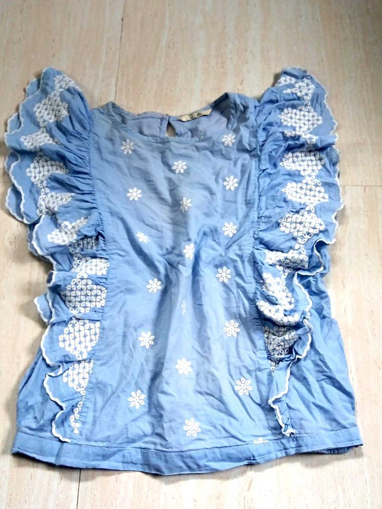Blue Embroidered Ruffle Sleeve Top