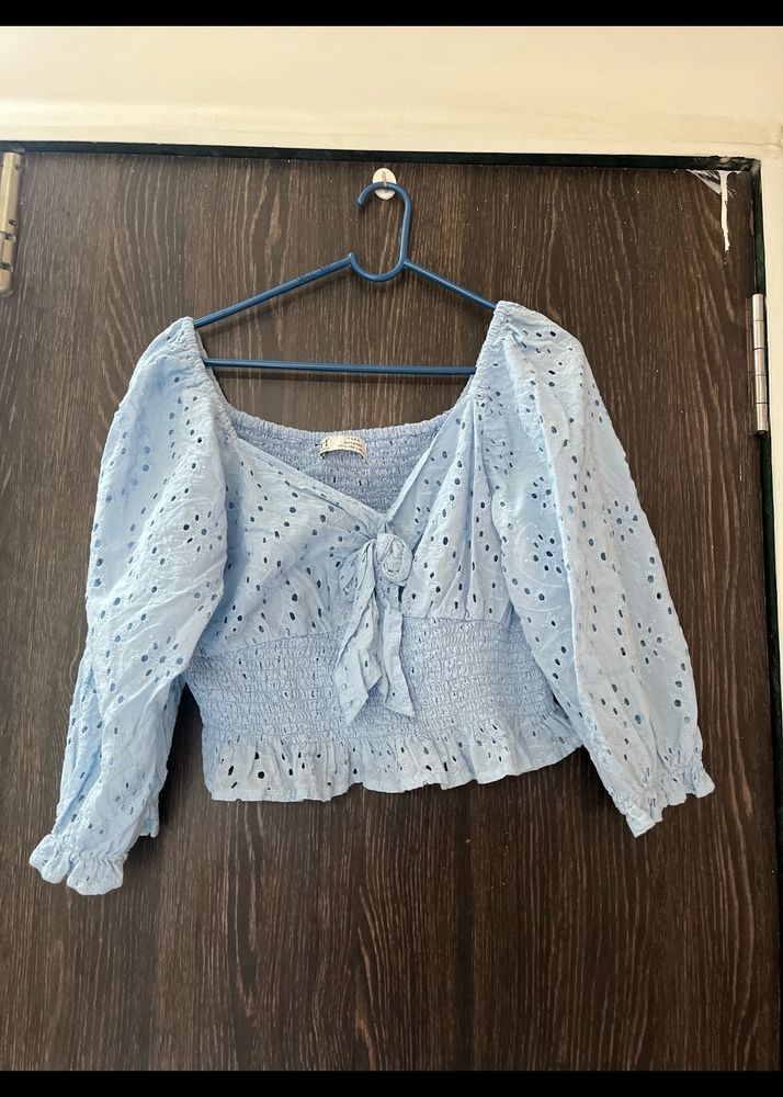 Blue Eyelet Cropped Top