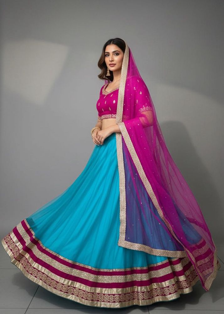 Teal Ethnic Skirt with Border and Dupatta
