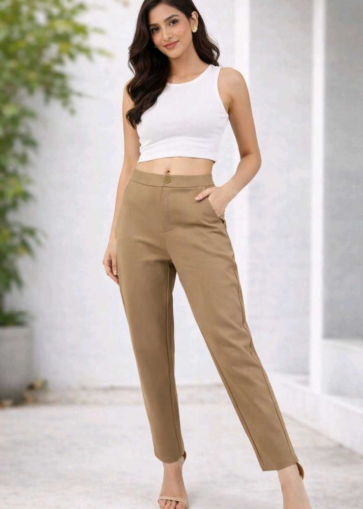 Women Beige Mid Raised Tapered Fit Trousers