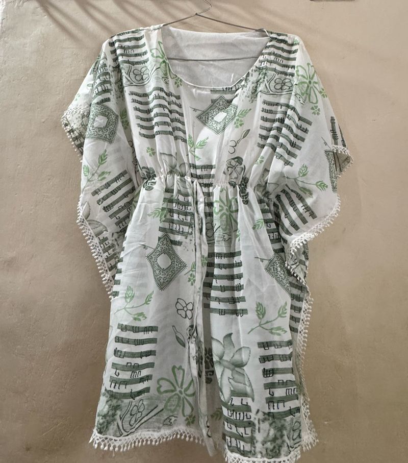 White Kaftan with Green Print