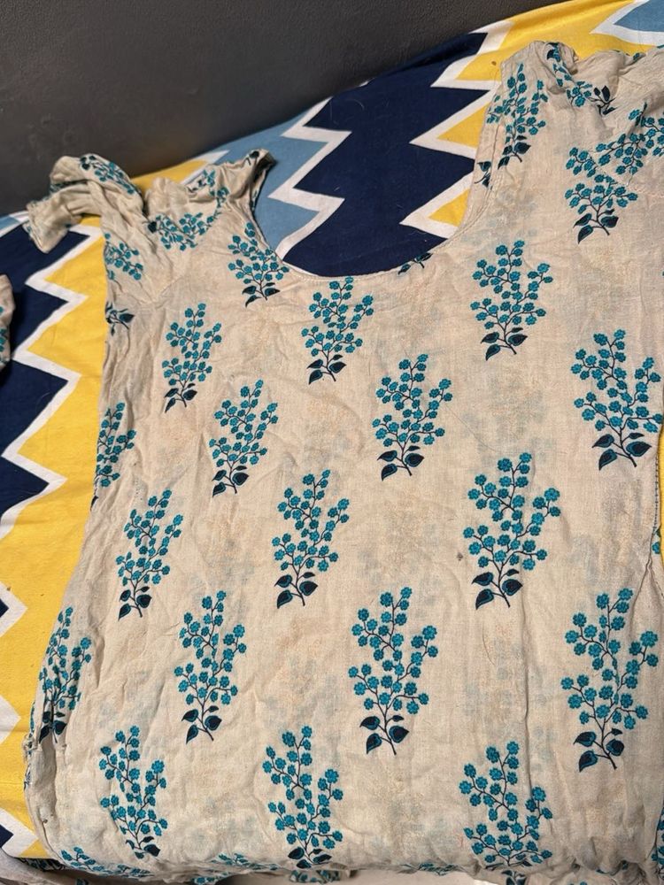 Cream Kurta with Blue Floral Print