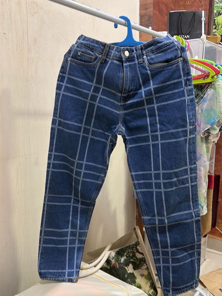 Blue Checkered Denim Jeans