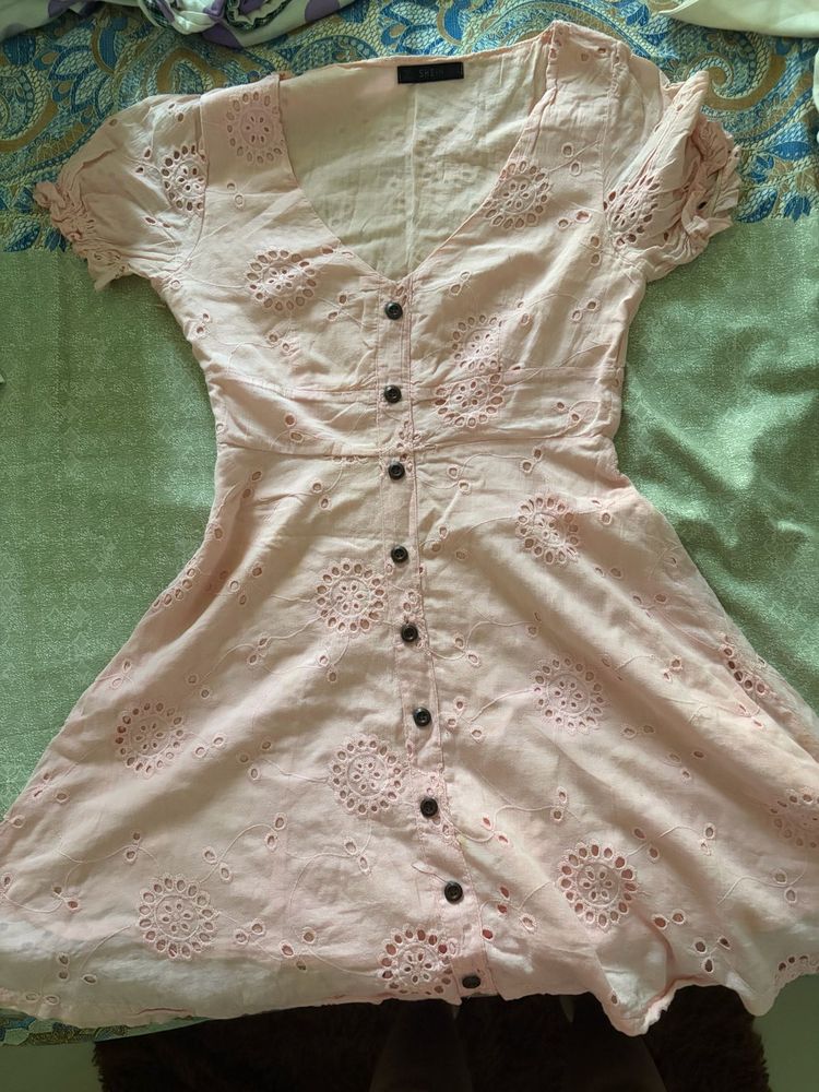 Charming Pink Embroidered Button-Down Dress
