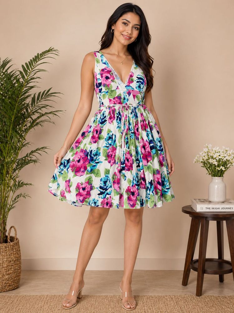 Floral V-Neck Sleeveless Mini Dress