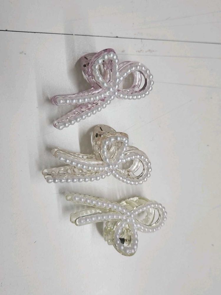 Pearl Bow Hair Claw Clips - Set of 3
