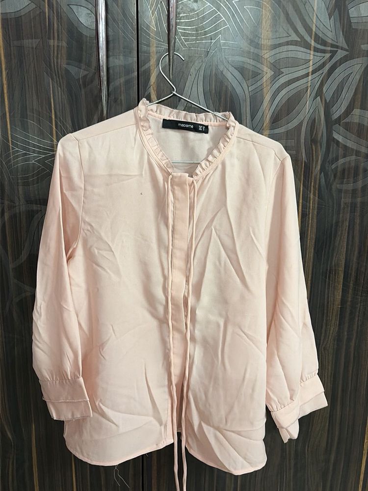 Chic Pink Blouse with Ruffle Neckline