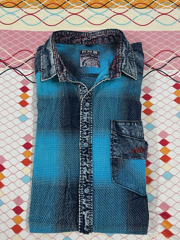 Men's Blue Plaid Denim Shirt