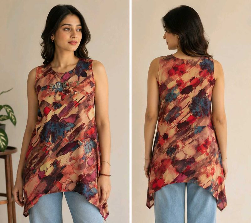 Abstract Print Sleeveless Tunic Top
