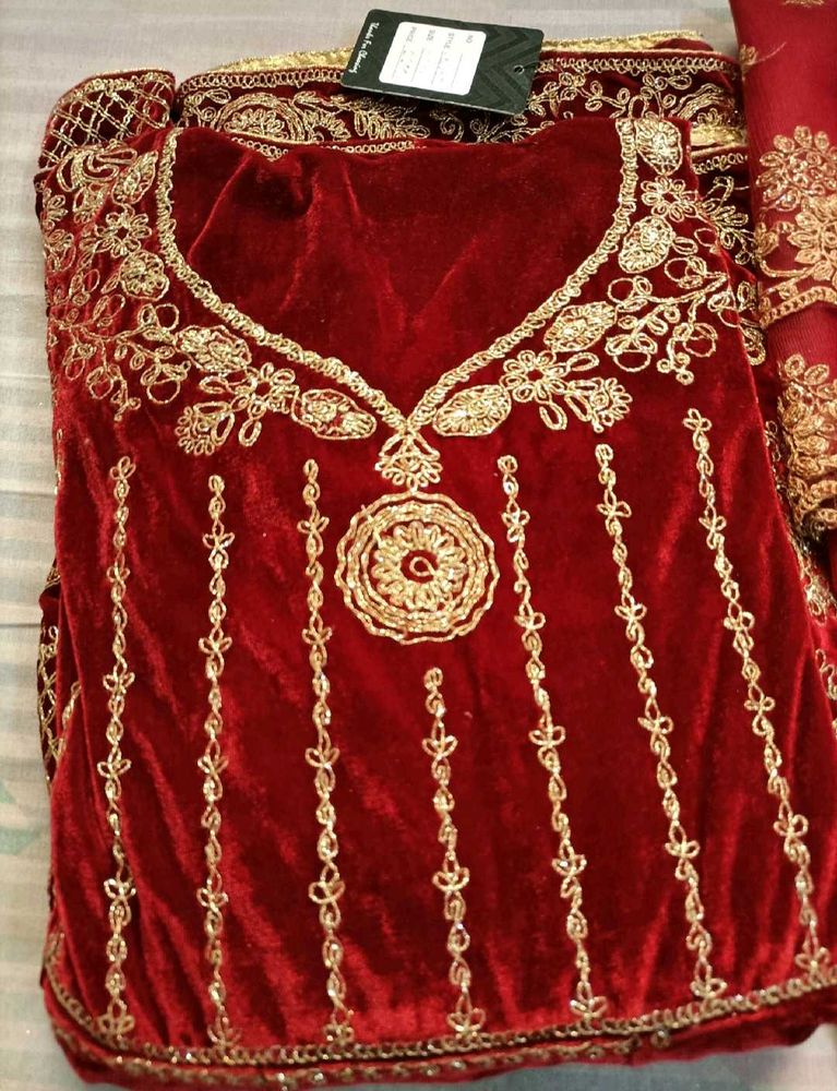 Elegant Velvet Dress With Zari Work