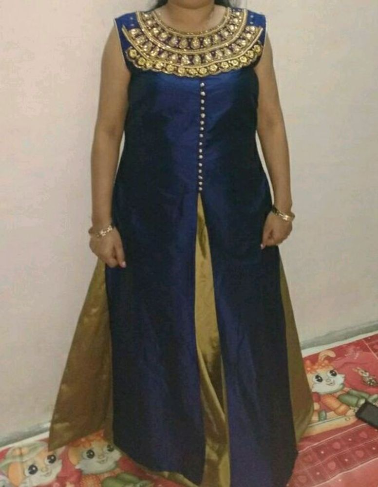 Blue party dress with Golden skirt lower with neck mirror work heavy design lehenga type