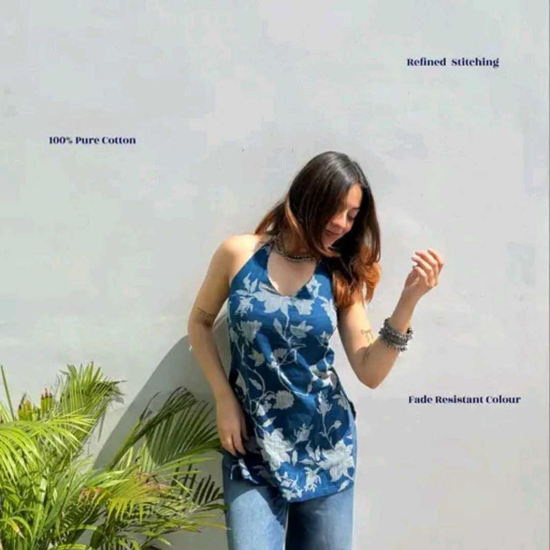 Blue halterneck floral kurta