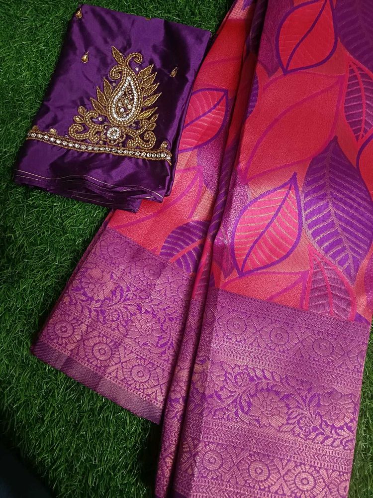 Semi banarasi saree with aari work blouse
