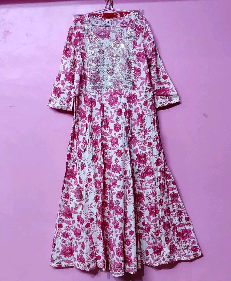 Lsize Beautiful Pink Floral Kurta Gown