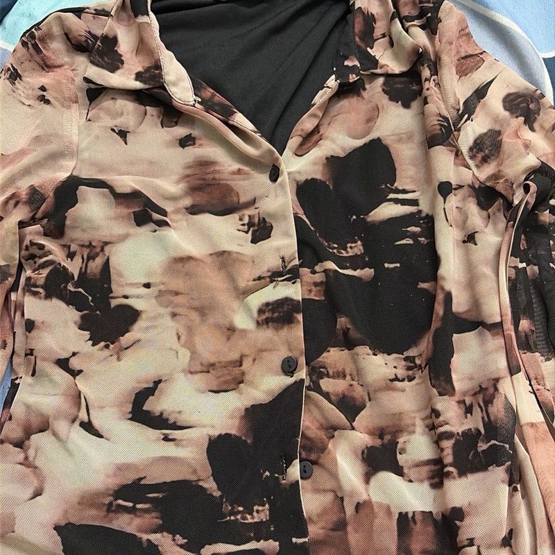 Abstract Print Sheer Button-Down Top