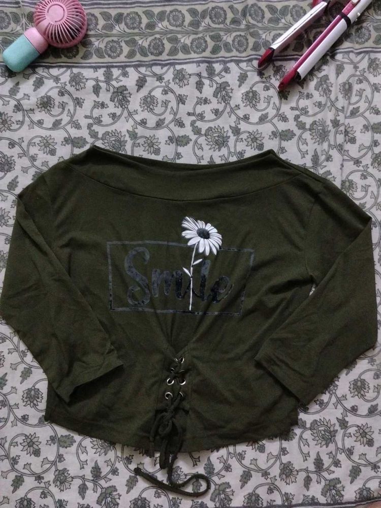 Green "Smile" Floral Lace-Up Top