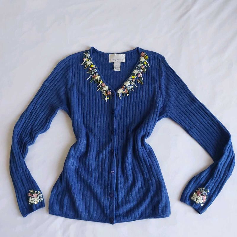 Blue Cardigan with Floral Embroidery&amp; Embel