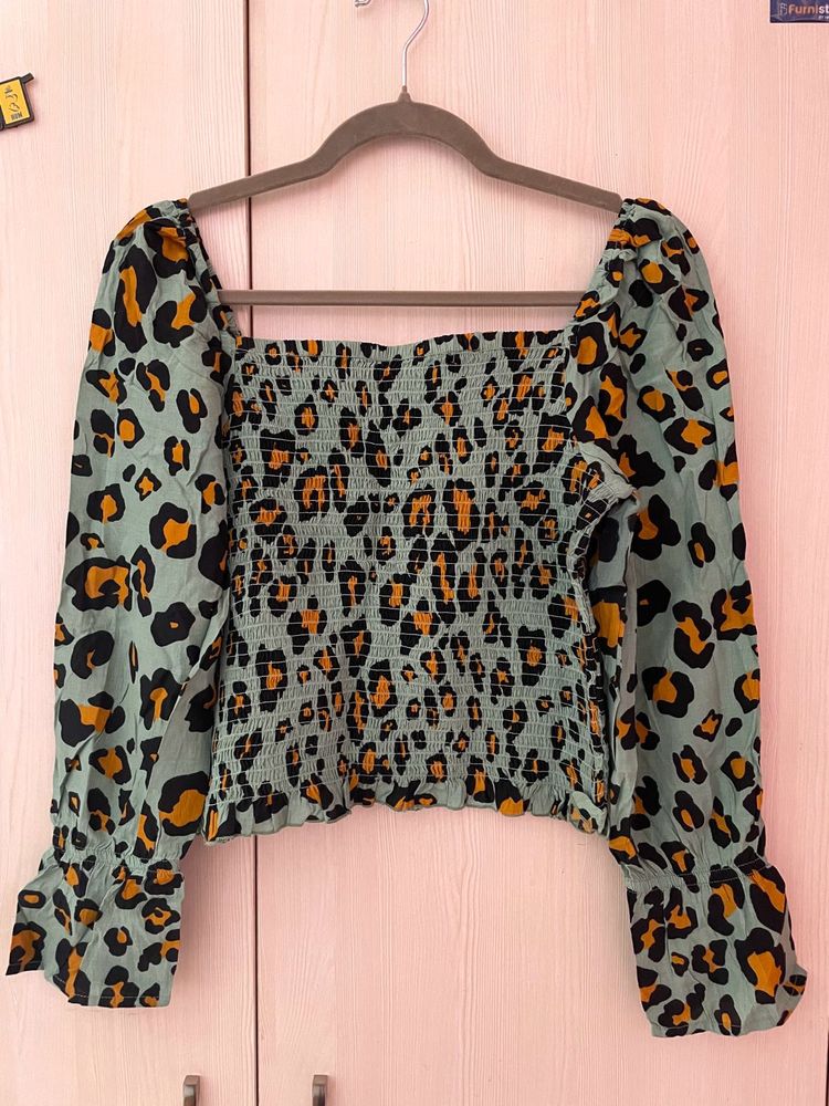 Animal Print Smocked Crop Top