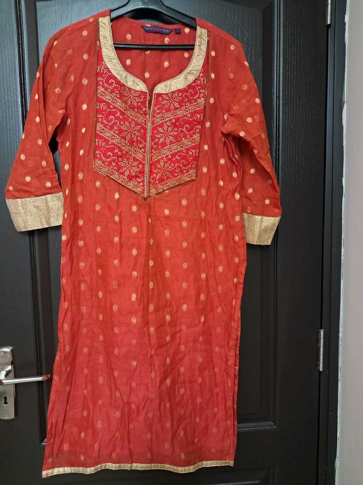 Pantaloons: Red &amp; Gold Embroidered Kurti