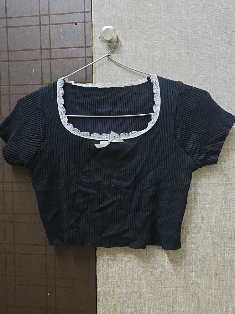 Black Cropped Top with Lace Trim