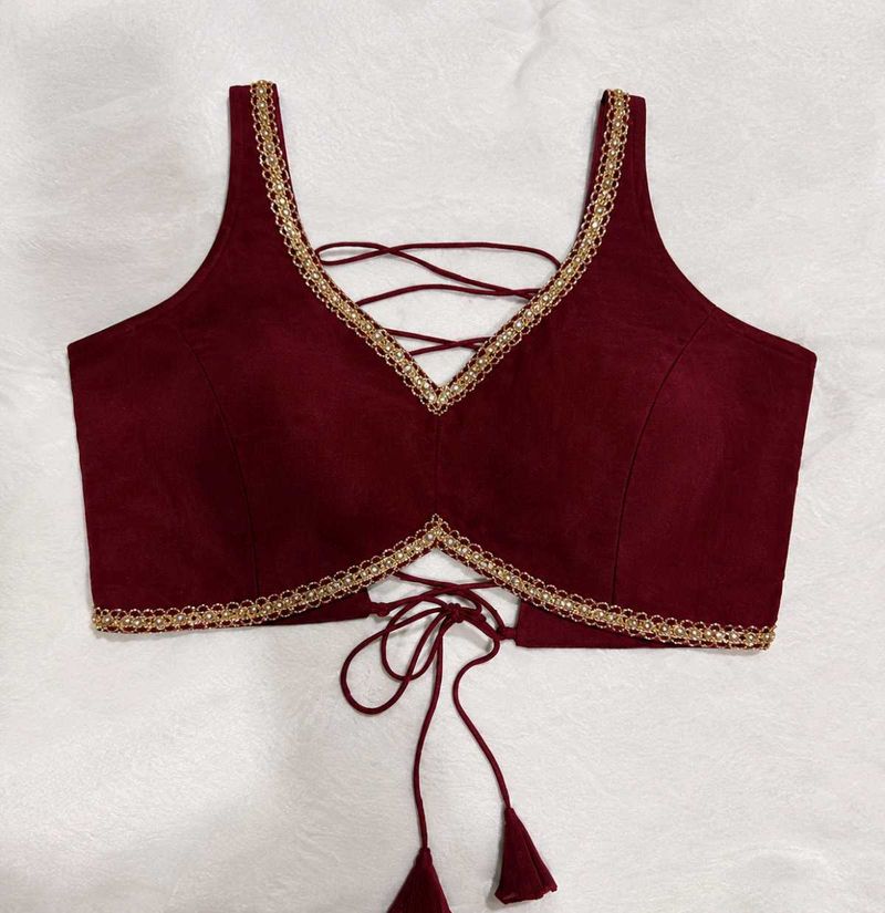 Maroon Lace-Up Blouse with Gold Trim