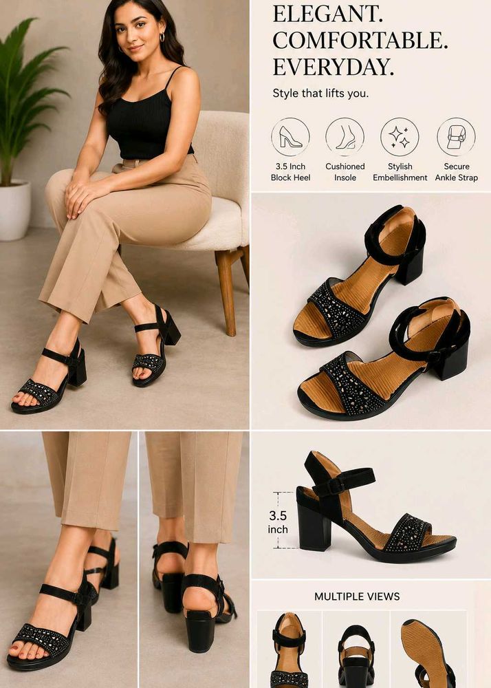 Women's Black Embellished Block Heels