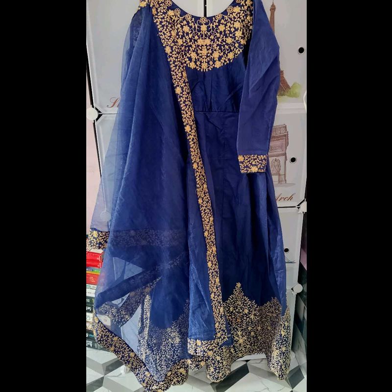 💙 Navy Blue Embroidered Anarkali Suit with Dupatt