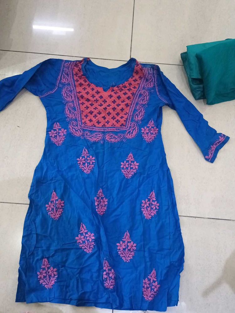 Blue Kurta with Pink Embroidery