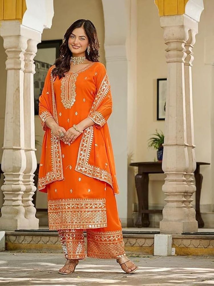 Stunning Orange Embroidered Kurta Set