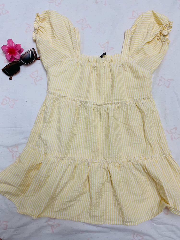 Yellow &amp; White Striped Summer Dress | Puff Sleeves