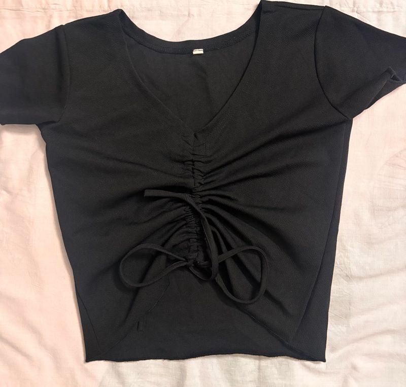 Chic Black Ruched V-Neck Top