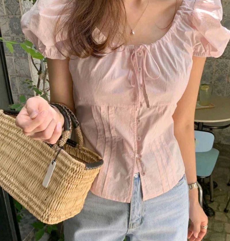 Savana Form fitting Puff Sleeve Pink tie up top