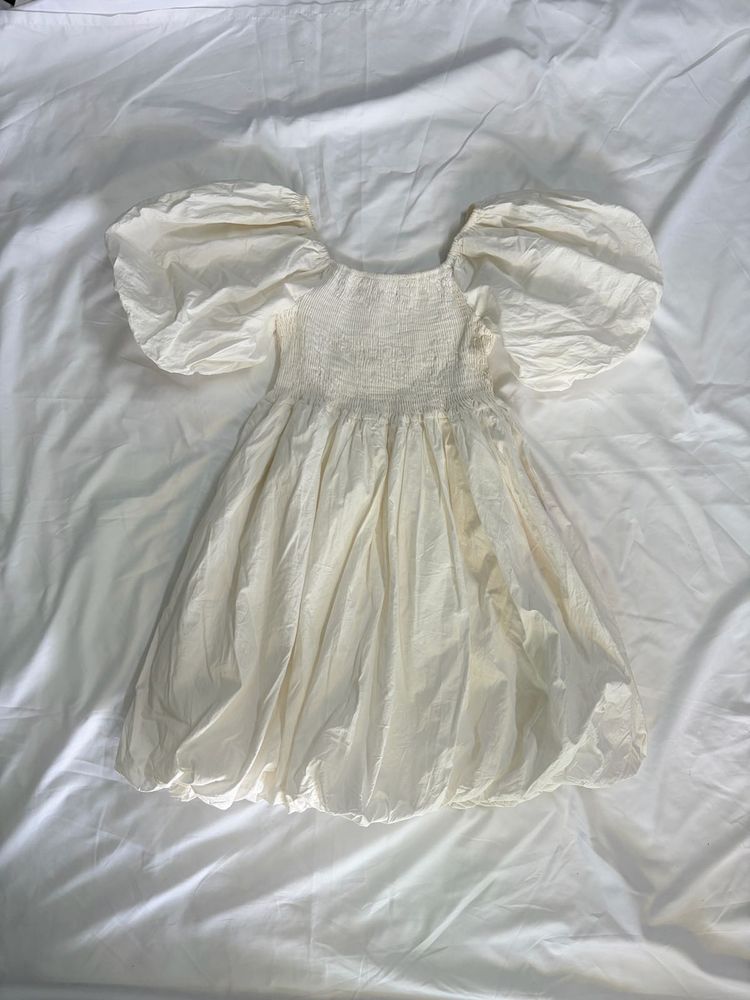 Cream Smocked Puff Sleeve Dress