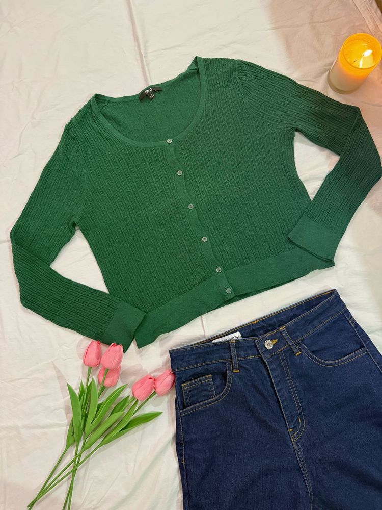 Green Ribbed Button-Up Cardigan
