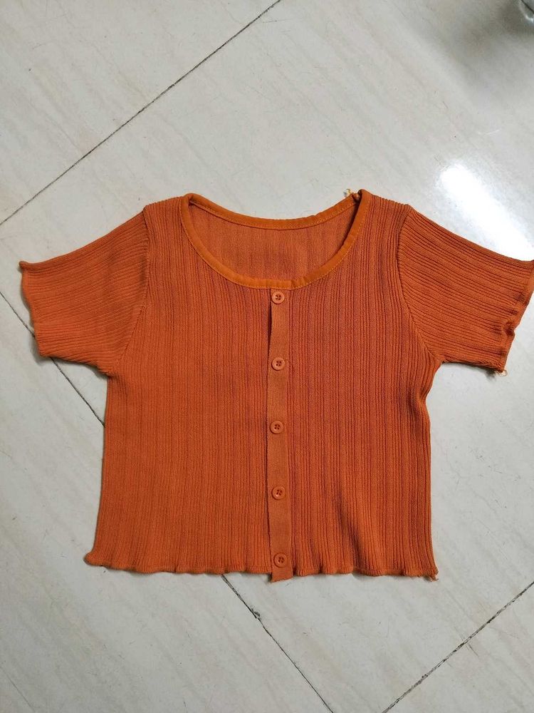 Ribbed Orange Button-Up Top